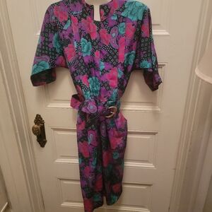 Vibrant Floral Belted Dress Vintage Size 8